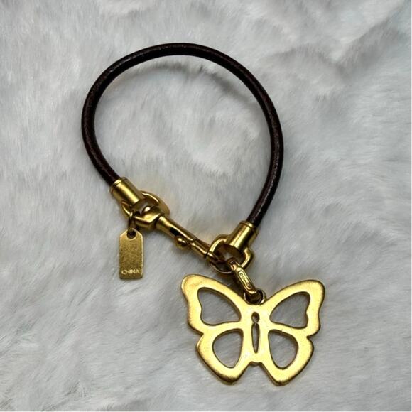 COACH Brown Leather Gold Tone Hook Clip with Butterfly Bracelet - Picture 2 of 5
